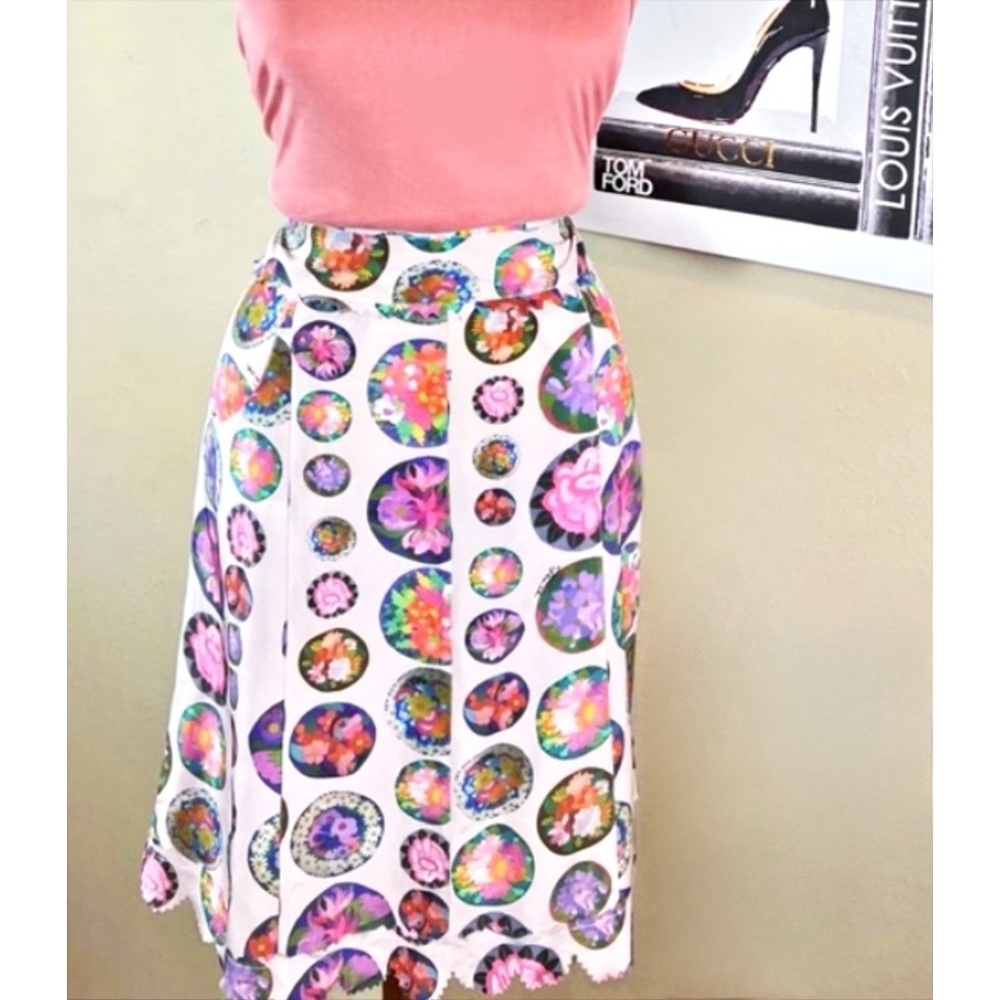 Fendi Colorful 100% Silk Midi Logo Skirt W/ Jagged Trim